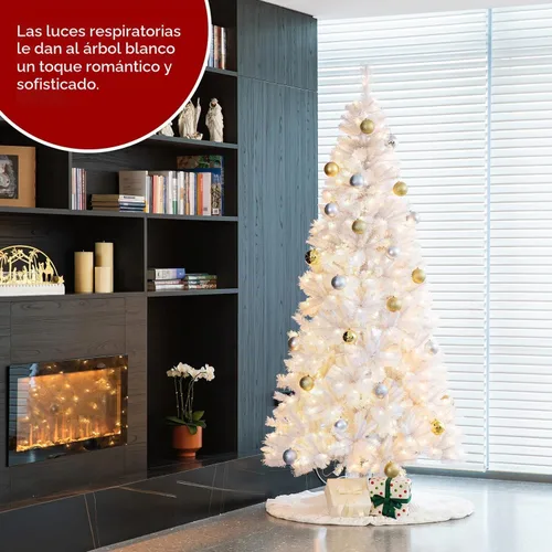 Vista 3 de Glitzhome - Árbol de Navidad artificial delgado preiluminado de 2.4 m, con ramas de pino Aspen Frostfall, soporte plegable de metal, 500 luces Aspen