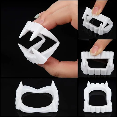 Vista 6 de Boao 60 piezas de dientes de vampiro de Halloween a granel, colmillos de vampiro de plástico, dientes falsos de color brillante, accesorios