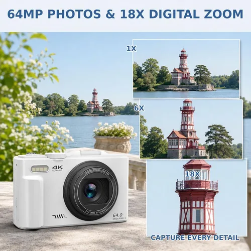 Vista 3 de 4K Digital Camera for Photography,64MP Vlogging Camera for YouTube(White)