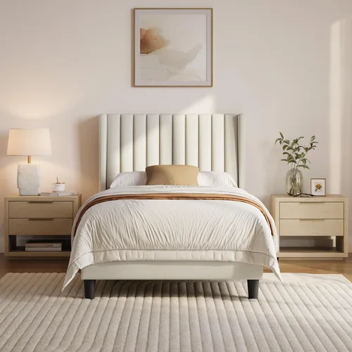 Vista 21 de Yaheetech Base de cama individual tapizada con cabecera de tela, diseño de borde de ala, antideslizante y sin ruido, soporte de listones de madera