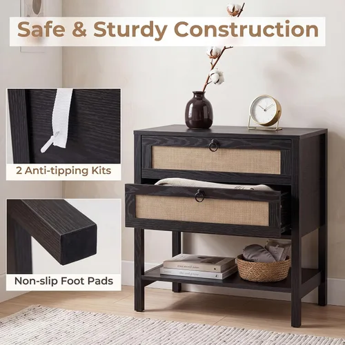 Vista 6 de KOMFOTT Rattan Nightstand, Bedside Table with 2 Drawers (Black,1)