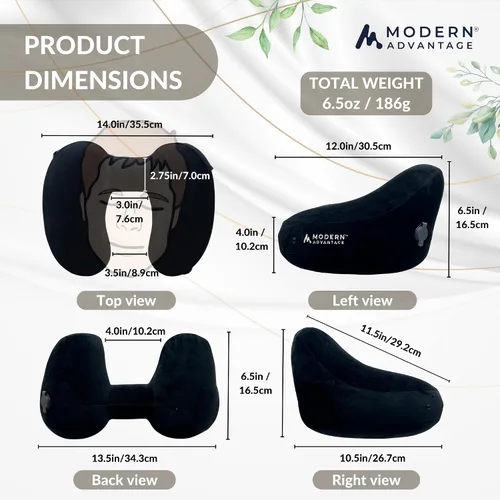 Vista 3 de Modern Advantage Almohada inflable de viaje para aviones con capucha cómoda, soporte ajustable para el cuello, almohada ligera y compacta para Negro