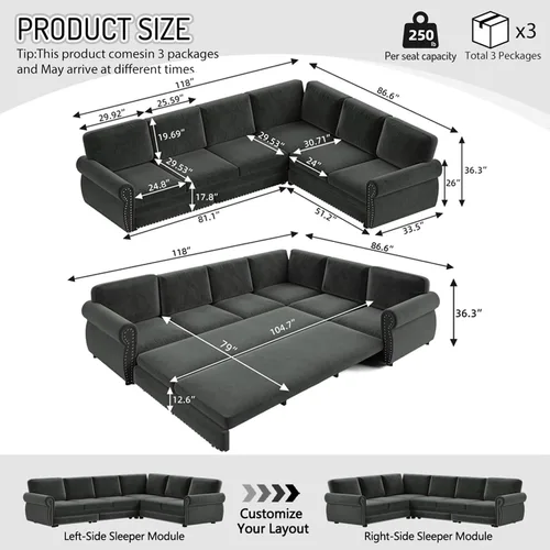Vista 3 de Sofá cama seccional en forma de L de 6 asientos, sofá extraíble de chenilla gris Gris oscuro