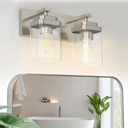 Vista 9 de Lámparas de baño de oro cepillado, 4 luces de baño sobre el espejo, diseño cuadrado y placa trasera grande rectangular, accesorios de iluminación