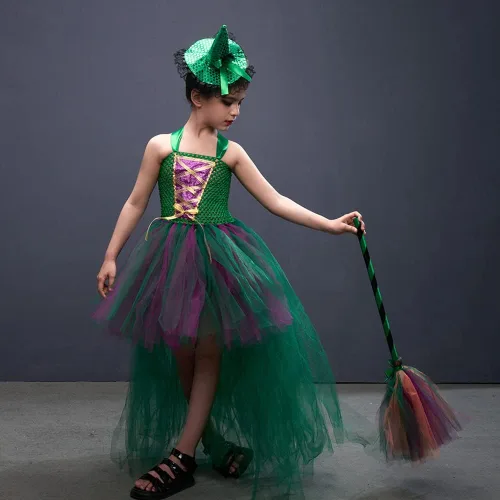 Vista 5 de ODIZLI Disfraz de bruja de Halloween para niñas, vestido de tul con accesorios