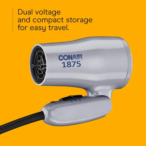 Vista 4 de Secador de pelo compacto Conair con mango plegable, secador de viaje de 1875 W con accesorios difusor y concentrador, 2 ajustes de calor y 2