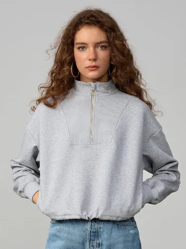 Vista 3 de SILKWORLD Sudadera corta con cremallera de un cuarto para mujer, manga larga, cuello alto, cordón ajustable, con bolsillos