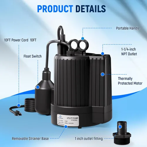Vista 8 de D-HONOR - Bomba de sumidero, bomba de agua sumergible de 1/3 HP 1600 GPH, con interruptor de flotador, bomba automática para piscina, estanque