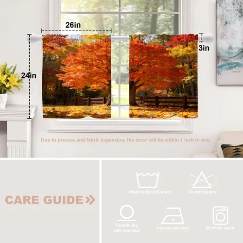 Vista 5 de Shrahala Orange Autumn Autumn Blackout Curtain Tiers, Fall Kitchen Valance Light Blocking Tier Drapes with Rod Pocket, 2 Pack 26 X 24 in
