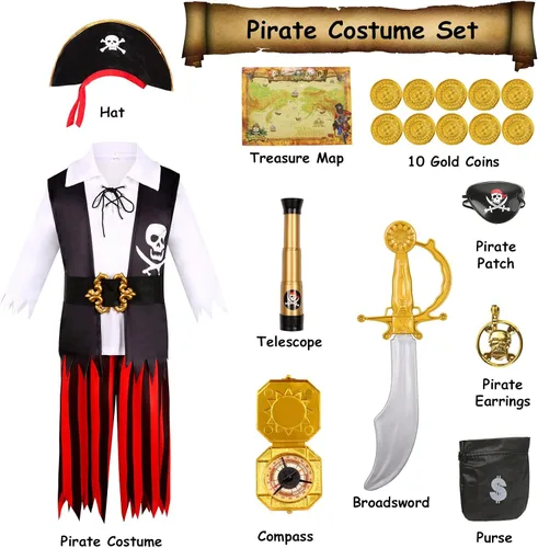 Vista 2 de RAAIBB Disfraz de pirata para niños, disfraz de Halloween, juego de rol con accesorios de lujo, regalos de cumpleaños