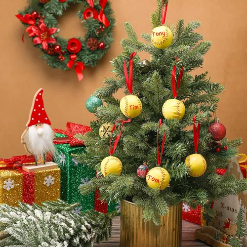 Vista 3 de Newwiee 6 piezas de adornos de Navidad de sóftbol a granel decoraciones deportivas para árbol de Navidad, adorno decorativo de béisbol de piel