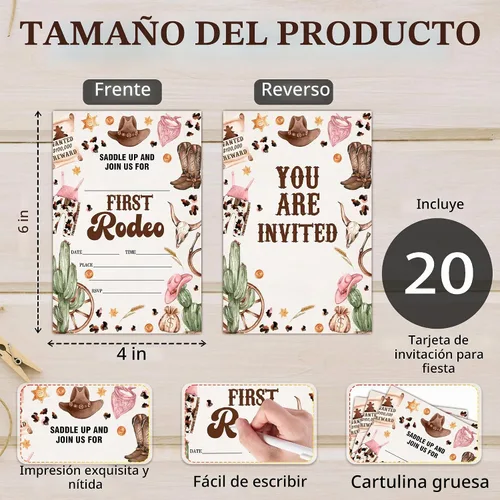 Vista 2 de Invitaciones de fiesta de cumpleaños de vaquero para niños y niñas, tarjetas de invitación My First Rodeo, 20 tarjetas de invitación retro