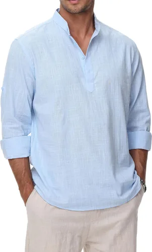 Vista 9 de Camisas de Algodón y Lino para Hombres Ligeras Casuales de Manga Larga Henley Playa Hawaianas Tops