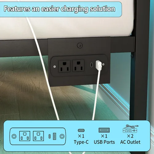 Vista 6 de CLIBFENG Base de cama individual con cabecero, soporte de listones de acero resistente, marco de cama LED con estación de carga USB, base de colchón
