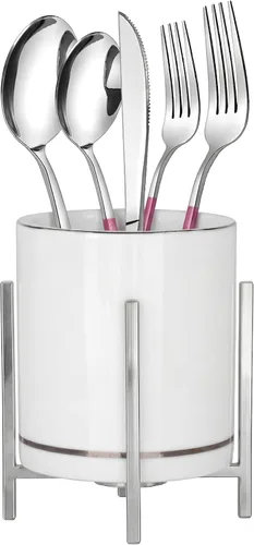 Vista 8 de Organizador de cerámica para cubiertos, soporte redondo para utensilios, soporte para utensilios de cocina para encimera, taza de cerámica con borde