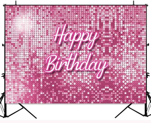 Vista 4 de Telón de fondo de cumpleaños cuadrado rosa con lentejuelas brillantes, paneles brillantes para fotografía de pared, fondo de fotografía de princesa
