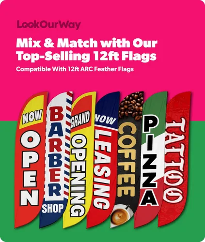 Vista 7 de LookOurWay Bandera de plumas – Banderas publicitarias de 12 pies de alto para promoción de negocios y eventos al aire libre – Bandera Swooper Only