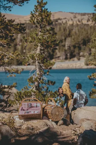 Vista 7 de Picnic TIME Cesta de picnic de mimbre para 2, romántica cesta de mimbre de madera redondeada de estilo inglés con servicio de lujo para 2