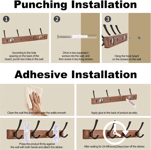 Vista 6 de Perchero de pared pequeño de madera de nogal de 17.3 pulgadas con 4 ganchos, colgador de chaquetas de madera resistente montado en puerta