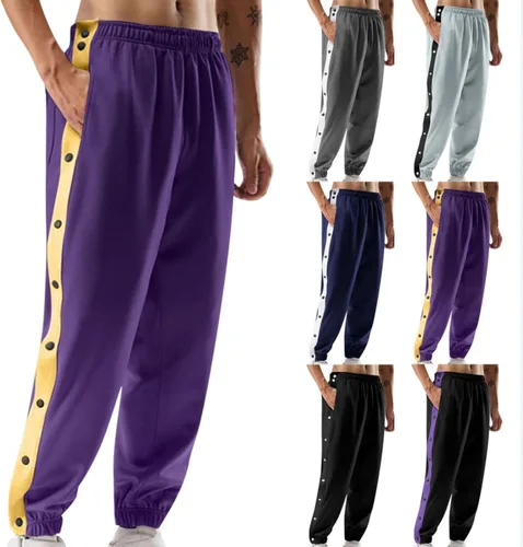 Vista 2 de Pantalones deportivos para hombre, con abertura lateral, con botones a presión, a rayas, pantalones deportivos casuales de entrenamiento
