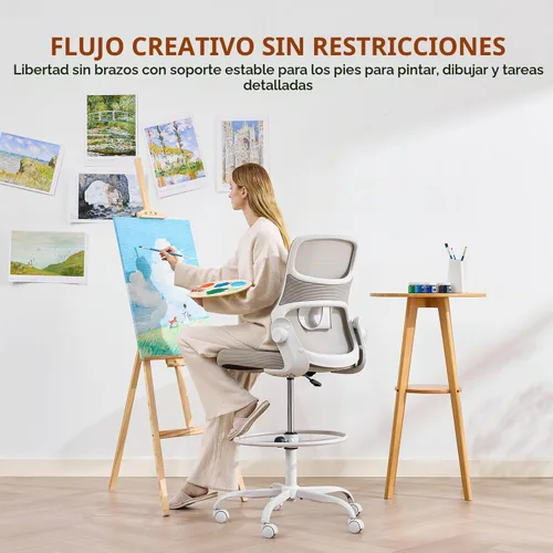 Vista 8 de Silla de dibujo sin brazos, silla de oficina alta con anillo ajustable para el pie y soporte lumbar, silla de escritorio alta de malla ergonómica