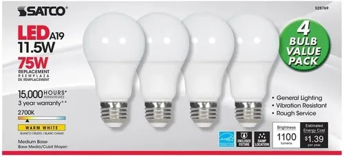 Vista 2 de Satco 28769-11.5A19/LED/27K/ND/120V/4PK S28769 A19 A Line Pera4 Bombilla LED