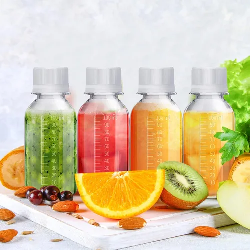 Vista 3 de Zubebe 24 botellas de plástico de 3.4 onzas líquidas con tapas, tarros transparentes reutilizables con tapas, botellas de viaje, a prueba de fugas