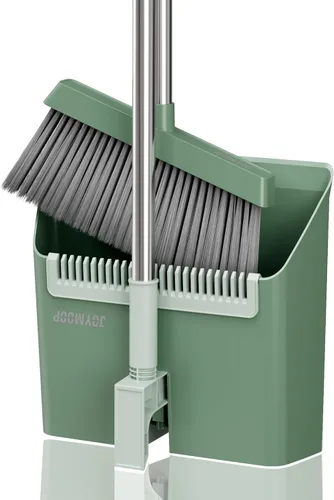 Vista 11 de JOYMOOP Juego de escoba y recogedor negro, diseño de ángulo vertical con dientes de peine integrados para el hogar, oficina, suelos de madera dura