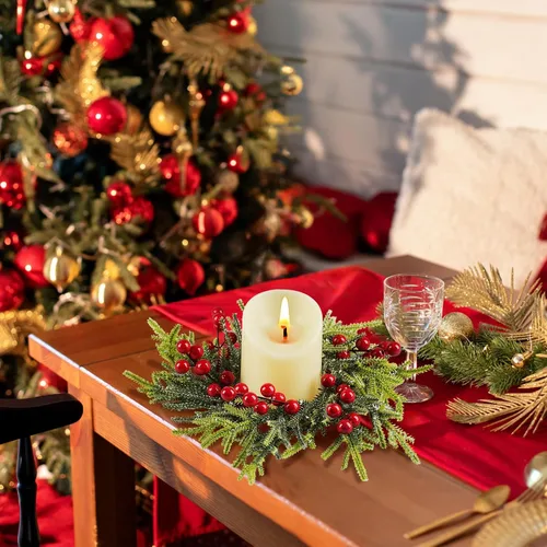 Vista 7 de 6 coronas de anillo de vela de Navidad, bayas rojas artificiales, ramas de pino, hojas, anillos de vela para pilares, portavelas de pilares Paquete