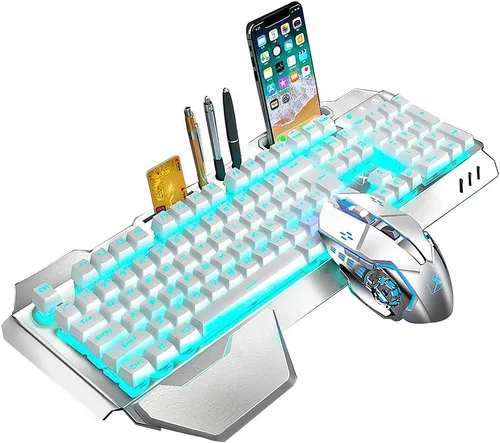 Vista 11 de Combo de teclado y mouse inalámbricos para juegos, teclado con retroiluminación LED arcoíris recargable con batería de 3,800 mAh, panel de metal
