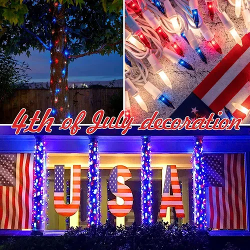 Vista 5 de 100 luces rojas, blancas y azules, extrabrillantes con conectores finales, decoración del 4 de julio, mini tira de luces patrióticas de 19.6 ft