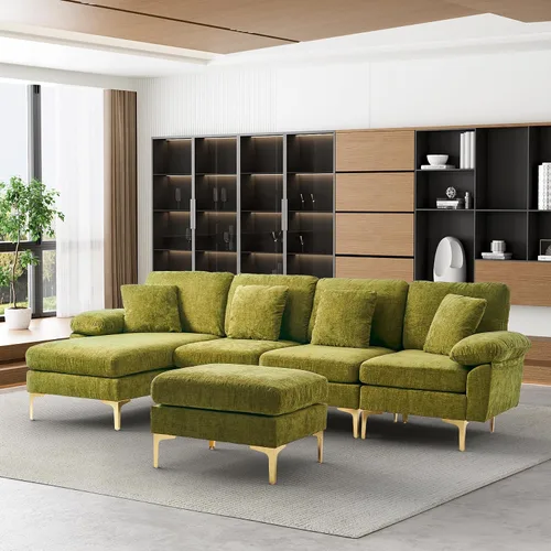 Vista 14 de OUYESSIR Sofá modular en forma de L, sofá de terciopelo de 3 plazas con otomana y almohadas, cómodo sofá cama tapizado para sala de estar, Verde