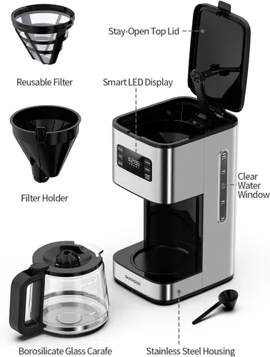 Vista 8 de SHARDOR Cafetera programable de 10 tazas, regular y audaz, pantalla LED