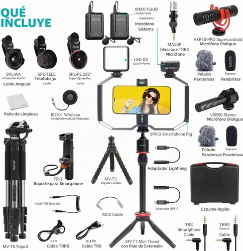 Vista 6 de Movo iVlog5 - Kit de vlogging de director para iPhone - Kit de inicio compatible con Lightning YouTube - Accesorios: trípode, soporte para teléfono
