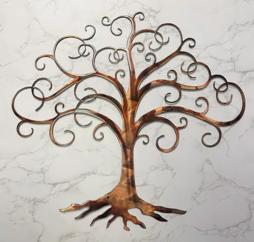 Vista 3 de Arte de pared de metal de árbol de la vida arremolinado hecho a mano para el hogar