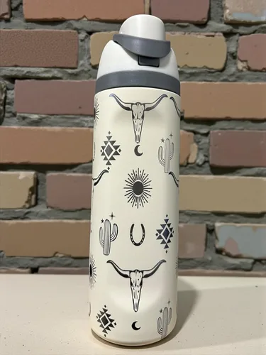 Vista 2 de Botella de agua de acero inoxidable de 40 oz taza Longhorn Bottle Bull Tumbler Cow Gift Western Water Bottle Cup (24oz Cream(90)-Longhorn (D35))
