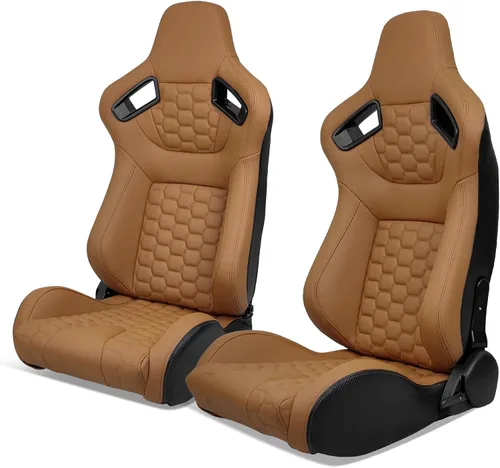 Vista 17 de IKON MOTORSPORTS, Asientos universales para vehículos de carreras con deslizadores dobles, asientos deportivos reclinables de cuero PU beige + cuero