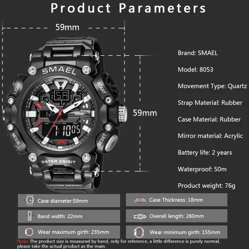 Vista 5 de SMAEL Men's Watches Sports Outdoor Waterproof Military Watch Date Multifunction Tactics LED Face Alarm Stopwatch for Men SM-8053