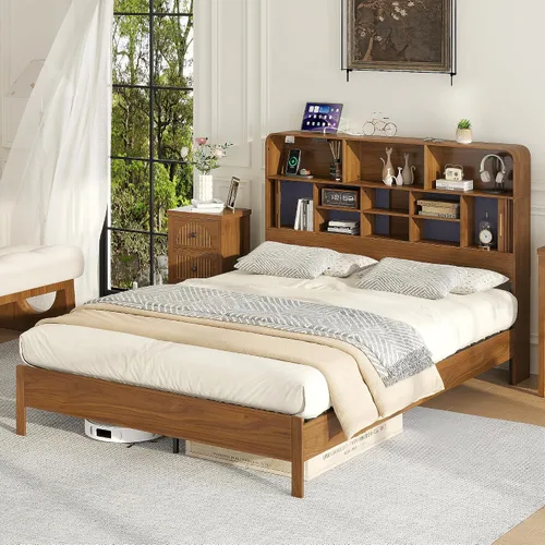 Vista 8 de Lxsxlome Base de cama tamaño Queen con cabecero y estación de carga de Nuez-reina
