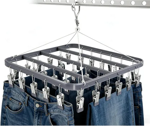 Vista 9 de Percha para pantalones de secado de ropa, perchas de metal con 36 clips, resistente al viento, colgador de ropa interior, clip plegable para jeans