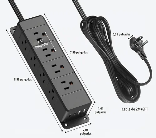 Vista 7 de Regleta de alimentación de carga rápida de 40 W para debajo del escritorio con interruptor, regleta de alimentación montable de 12 salidas con 4