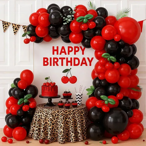 Vista 3 de Kit de arco de guirnalda de globos de cerezo rojo y negro, globos de papel