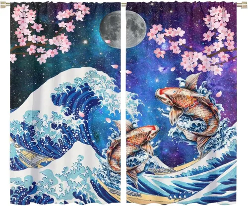 Vista 3 de Koi Fish - Cortinas opacas para cocina, estilo japonés, románticas, con estampado de flores de cerezo, con bolsillo para cortinero, cortinas opacas