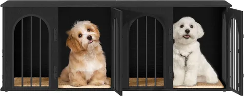 Vista 8 de Hzuaneri 63" Mueble de jaula para perros para 2 perros, jaula de perro interior resistente con soporte para TV, jaula de madera para perros L