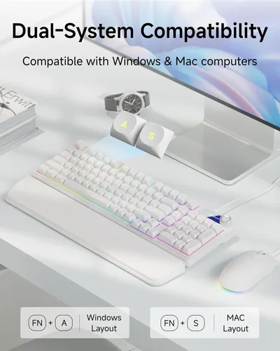 Vista 2 de Combo de teclado y mouse con cable C98, teclados de computadora con cable con palma de muñeca, teclas de doble disparo, teclado silencioso con Blanco