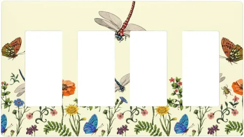Vista 141 de Placa de Pared en Blanco de 1-Gang Sin Dispositivo Beige Lindo Vintage Boho de los 70s Hongo Fungus Planta Floral Botánica Libélula Interruptor