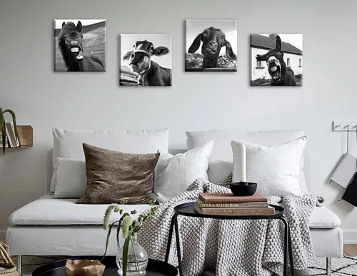 Vista 2 de Arte de pared en blanco y negro para pared, diseño de animales, caballos, burros, ovejas, vacas, cuadros divertidos para decoración de dormitorio