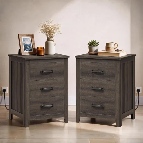 Vista 21 de VASAGLE Colección LIRY - Mesita de noche de estilo granja con estación de carga, mesa de cabecera, mesa auxiliar con 2 cajones, compartimento