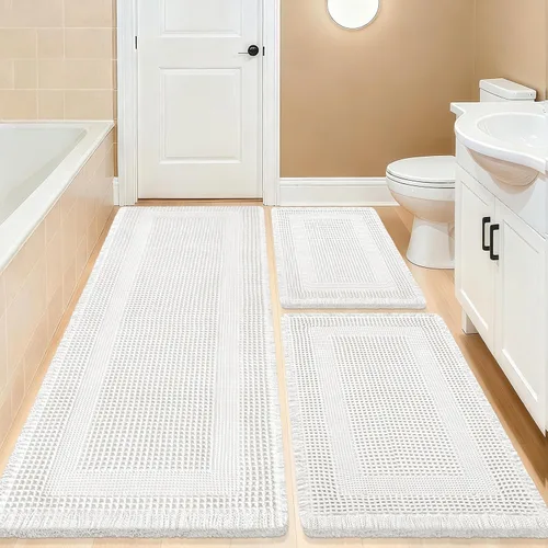 Vista 56 de Tapete de baño con diseño de gofre, moderno, bohemio, absorbente, antideslizante, ultrasuave, lavable a máquina, con letra de baño, dormitorio