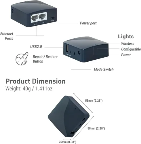 Vista 2 de GL.iNet GL-AR300M16 Mini Router de Bolsillo Inalámbrico Portátil de Viaje - Router Wifi/Punto de Acceso/Extensor/WDS OpenWrt 2 x Puertos